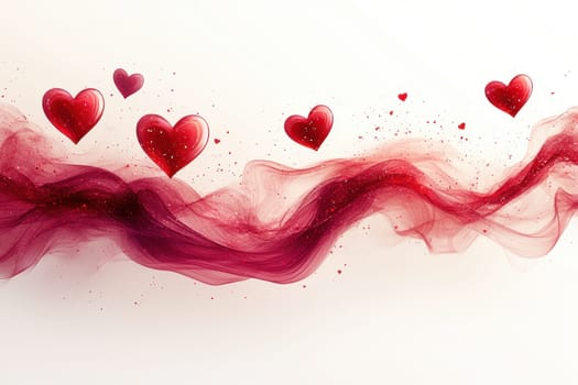 Red hearts and wavy lines on white isolated background . Valentine's Day Background.