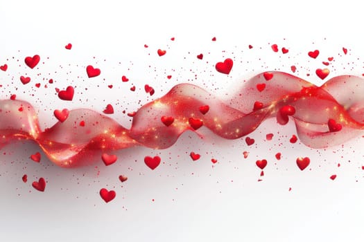Red hearts and wavy lines on white isolated background . Valentine's Day Background.