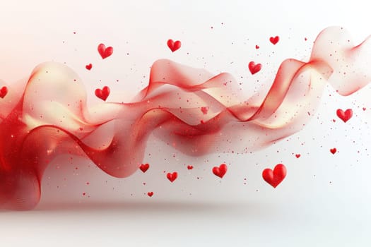 Red hearts and wavy lines on white isolated background . Valentine's Day Background.
