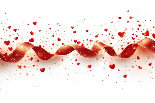 Red hearts and wavy lines on white isolated background . Valentine's Day Background.
