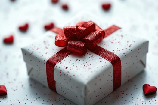 White gift box with red ribbon on a white background surrounded by Heart-shaped Jewelry. Perfect for Valentine's Day or romantic holidays.