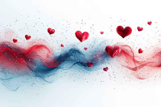 Red hearts and wavy lines on white isolated background . Valentine's Day Background.