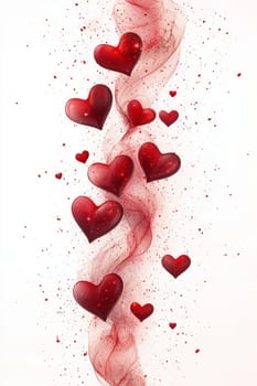 Red hearts and wavy lines on white isolated background . Valentine's Day Background.