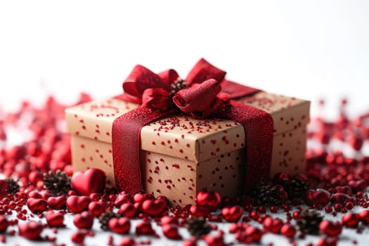 White gift box with red ribbon on a white background surrounded by Heart-shaped Jewelry. Perfect for Valentine's Day or romantic holidays.
