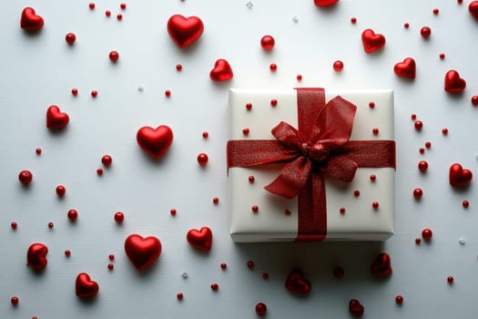 Top view of White gift box with red ribbon on white background surrounded by heart shaped ornaments. Perfect for Valentine's Day or romantic holidays.