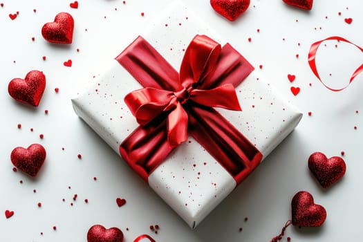 White gift box with red ribbon on a white background surrounded by Heart-shaped Jewelry. Perfect for Valentine's Day or romantic holidays.