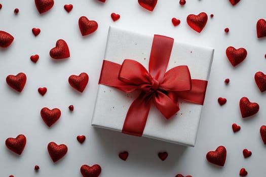 Top view of White gift box with red ribbon on white background surrounded by heart shaped ornaments. Perfect for Valentine's Day or romantic holidays.