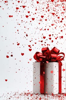 White gift box with red ribbon on a white background surrounded by Heart-shaped Jewelry. Perfect for Valentine's Day or romantic holidays.