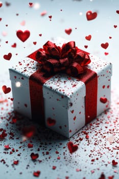 White gift box with red ribbon on a white background surrounded by Heart-shaped Jewelry. Perfect for Valentine's Day or romantic holidays.