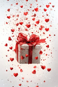 White gift box with red ribbon flies on a white background surrounded by heart shaped ornaments. Perfect for Valentine's Day or romantic holidays.