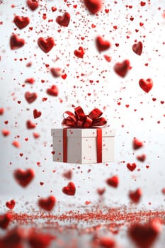 White gift box with red ribbon flies on a white background surrounded by heart shaped ornaments. Perfect for Valentine's Day or romantic holidays.