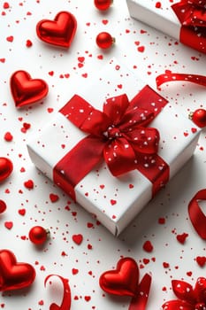 Top view of White gift box with red ribbon on white background surrounded by heart shaped ornaments. Perfect for Valentine's Day or romantic holidays.