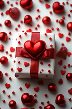 Top view of White gift box with red ribbon on white background surrounded by heart shaped ornaments. Perfect for Valentine's Day or romantic holidays.