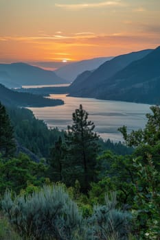 Evening view of an incredibly beautiful fabulous mountain lake. Breathtaking scenery.