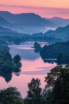 Evening view of an incredibly beautiful fabulous mountain lake. Breathtaking scenery.