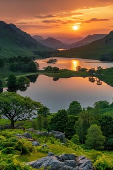 Evening view of an incredibly beautiful fabulous mountain lake. Breathtaking scenery.