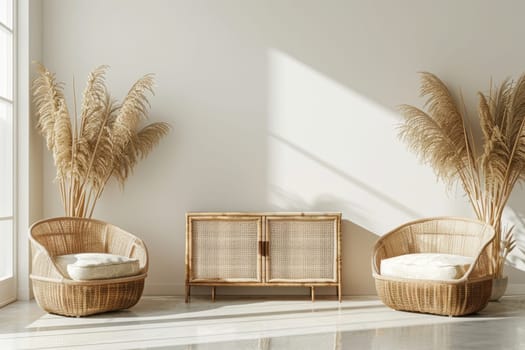 Interior design of warm and cozy living room with wooden chairs and decorative cane . Home decor. Template.