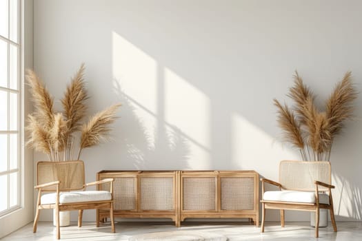 Interior design of warm and cozy living room with wooden chairs and decorative cane . Home decor. Template.