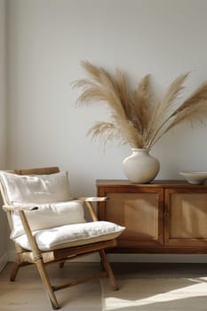Interior design of warm and cozy living room with wooden chairs and decorative cane . Home decor. Template.