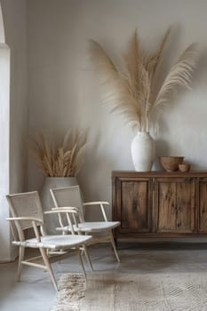 Interior design of warm and cozy living room with wooden chairs and decorative cane . Home decor. Template.