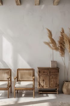 Interior design of warm and cozy living room with wooden chairs and decorative cane . Home decor. Template.