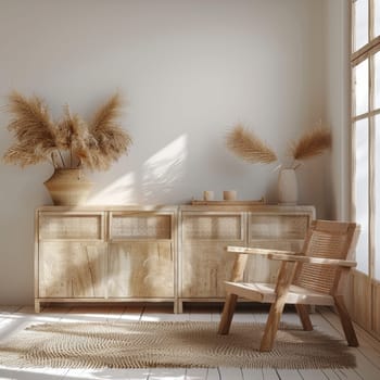 Interior design of warm and cozy living room with wooden chairs and decorative cane . Home decor. Template.