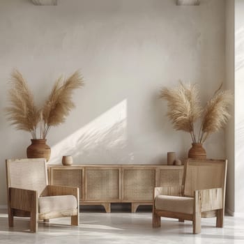 Interior design of warm and cozy living room with wooden chairs and decorative cane . Home decor. Template.