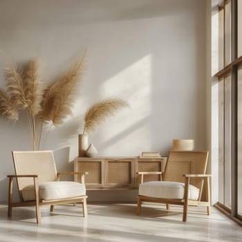 Interior design of warm and cozy living room with wooden chairs and decorative cane . Home decor. Template.