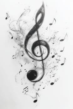 Musical notes with violin key flowing into sounds on a white background.