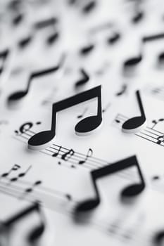 Musical notes in undulating motion flowing into sounds on a white background.