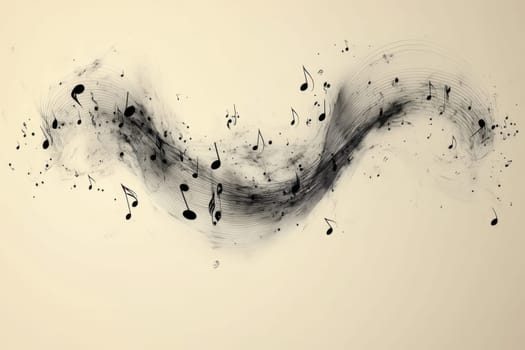 Musical notes in undulating motion flowing into sounds on a white background.