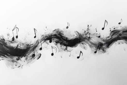 Musical notes in undulating motion flowing into sounds on a white background.