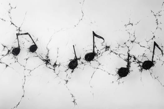 Musical notes in undulating motion flowing into sounds on a white background.