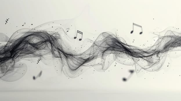 Musical notes in undulating motion flowing into sounds on a white background.