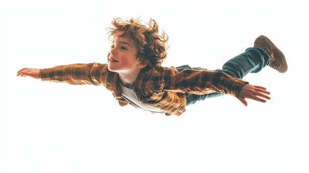 Happy child flying like a superhero on white isolated background . Boy imagined himself as a superhero and flies in his sleep.