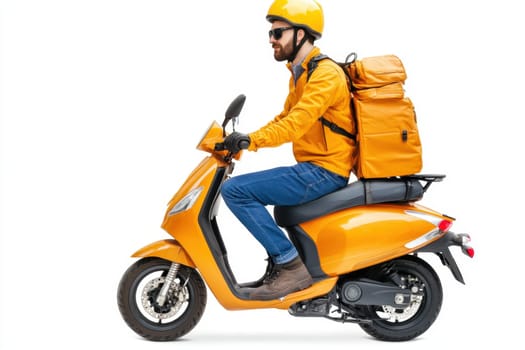 Courier on yellow scooter with box on white isolated background. Express parcel delivery service.