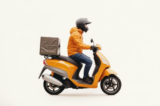 Courier on yellow scooter with box on white isolated background. Express parcel delivery service.