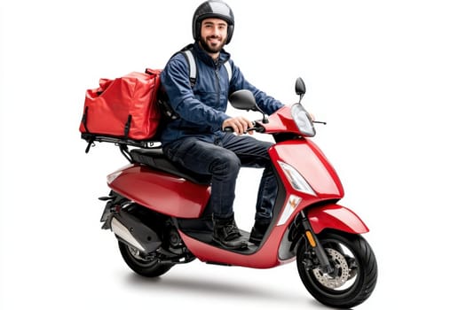courier on a red scooter with a box on a white isolated background. express food delivery service from cafes and restaurants.