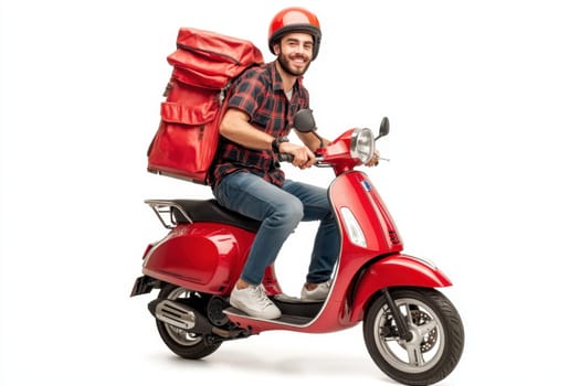 courier on a red scooter with a box on a white isolated background. express food delivery service from cafes and restaurants.