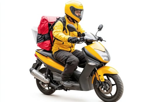 Courier on yellow scooter with box on white isolated background. Express parcel delivery service.