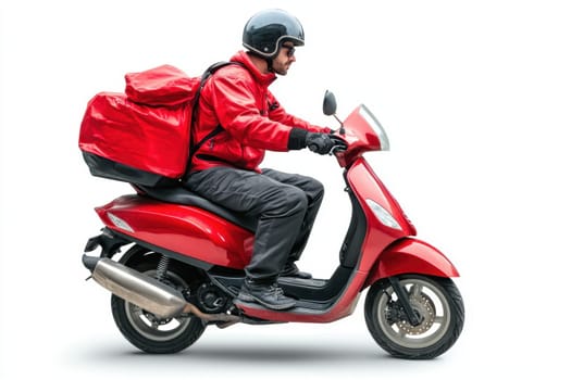 courier on a red scooter with a box on a white isolated background. express food delivery service from cafes and restaurants.