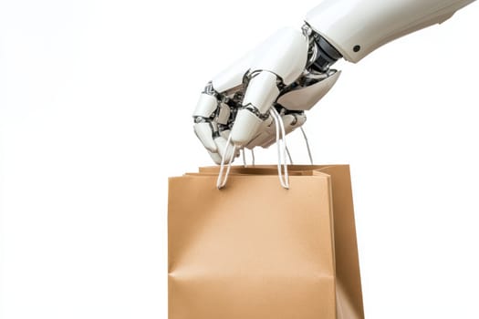 A robot hand holding a kraft paper bag , isolated on a white background.