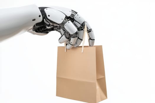 A robot hand holding a paper bag, isolated on a white background.