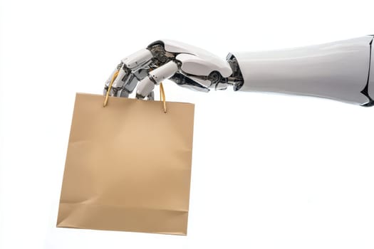 A robot hand holding a kraft paper bag , isolated on a white background.