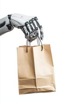 A robot hand holding a kraft paper bag , isolated on a white background.