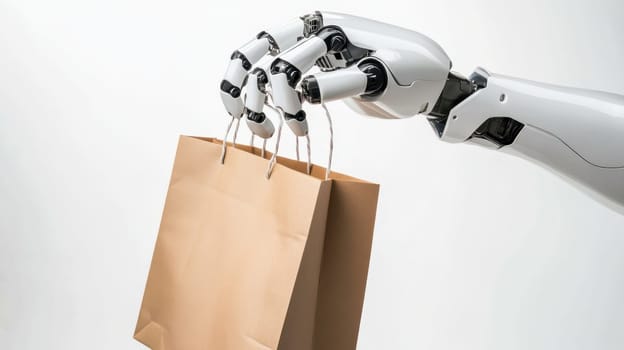 A robot hand holding a kraft paper bag , isolated on a white background.