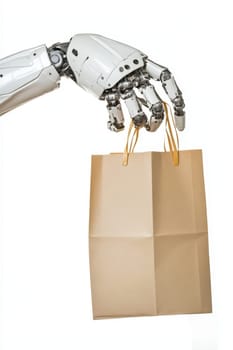 A robot hand holding a paper bag, isolated on a white background.