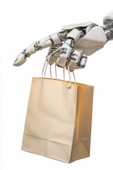 A robot hand holding a paper bag, isolated on a white background.