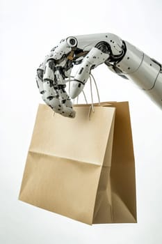 A robot hand holding a kraft paper bag , isolated on a white background.