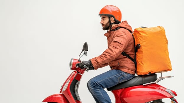 courier on a red scooter with a box on a white isolated background. express food delivery service from cafes and restaurants.